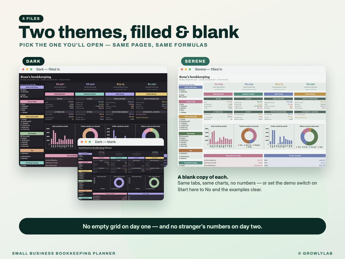 Small Business Bookkeeping Planner Spreadsheet for Google Sheets and Excel — filled in and blank