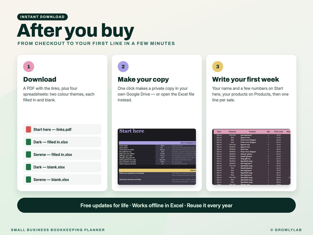 Small Business Bookkeeping Planner Spreadsheet for Google Sheets and Excel — after you buy