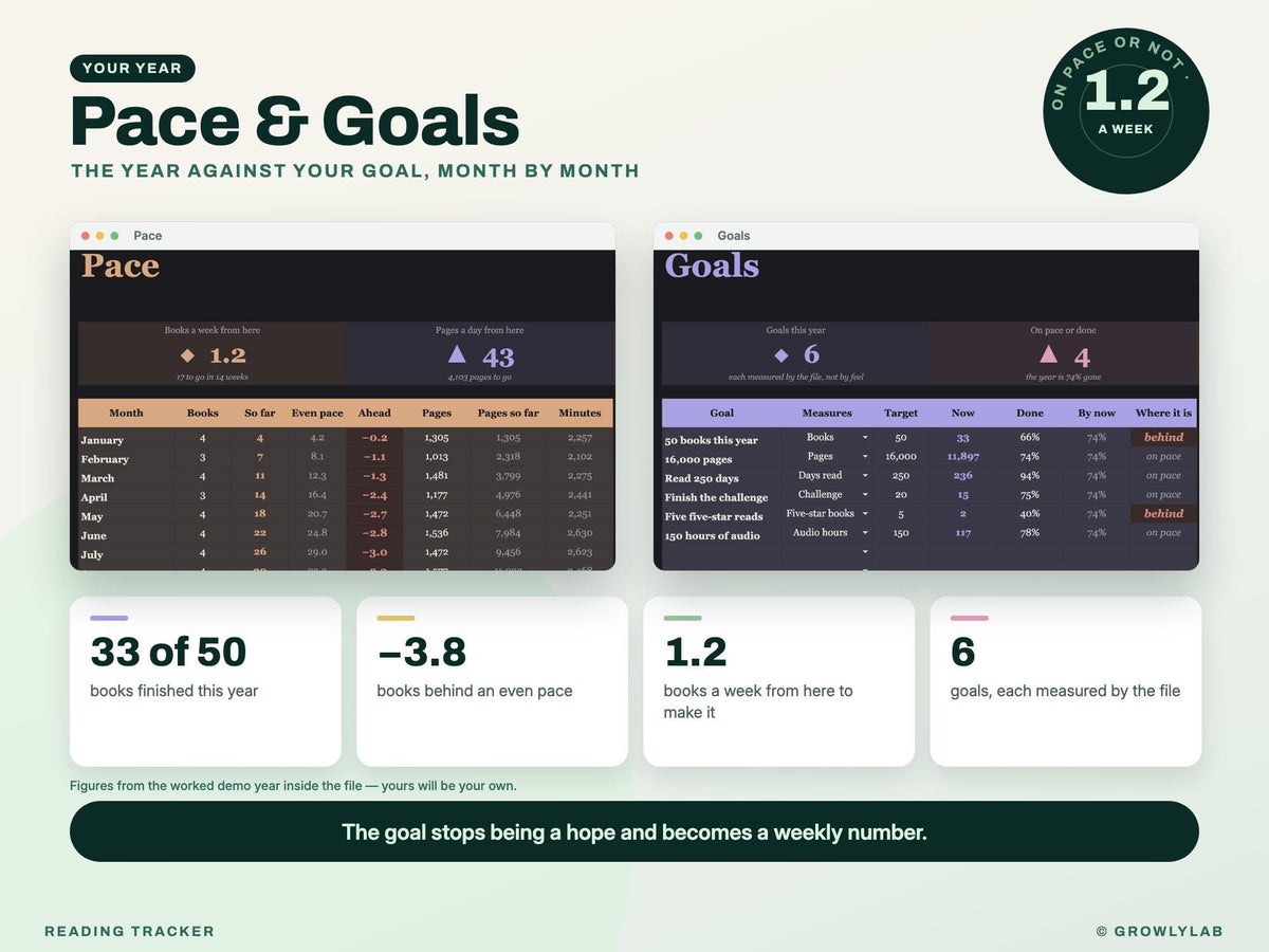 Reading Tracker Spreadsheet for Google Sheets and Excel — pace goals