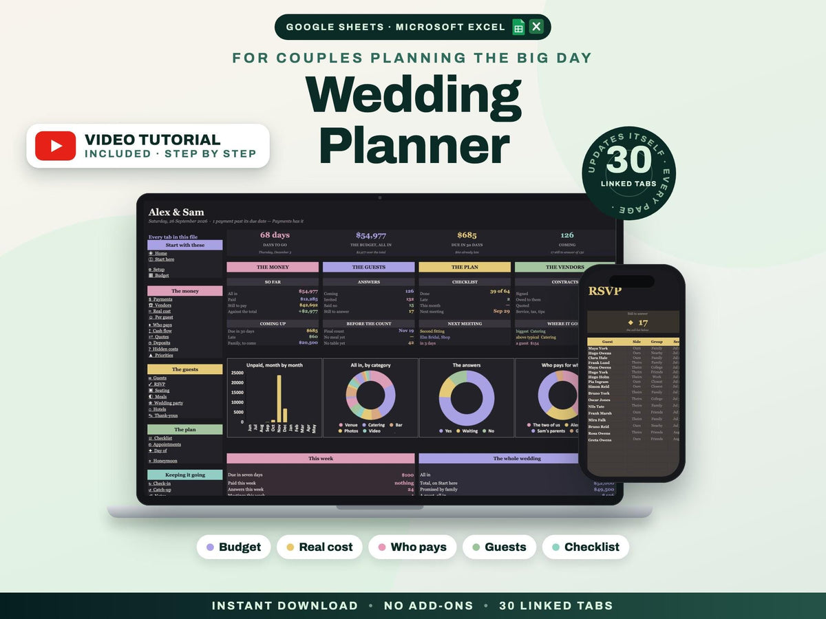 Wedding Planner Spreadsheet for Google Sheets and Excel — cover