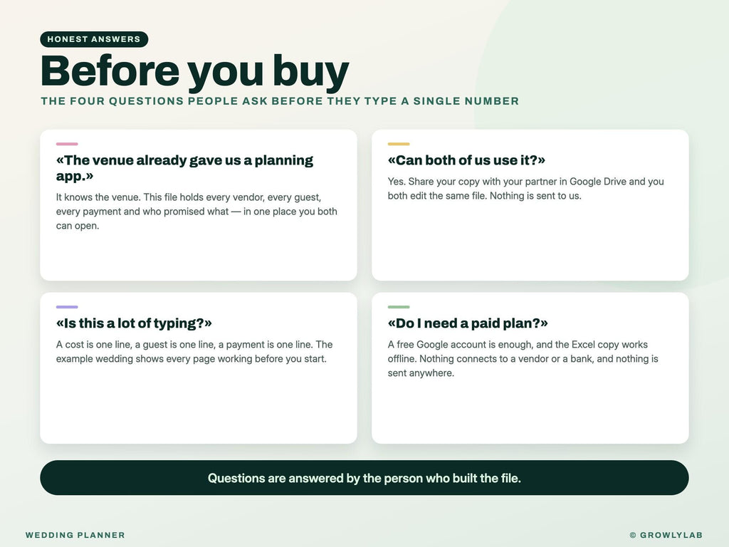 Wedding Planner Spreadsheet for Google Sheets and Excel — before you buy