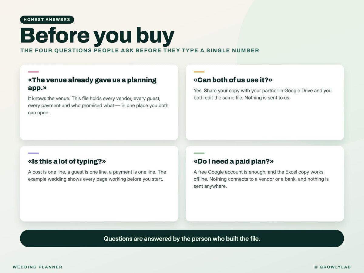 Wedding Planner Spreadsheet for Google Sheets and Excel — before you buy