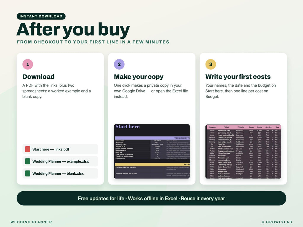 Wedding Planner Spreadsheet for Google Sheets and Excel — after you buy