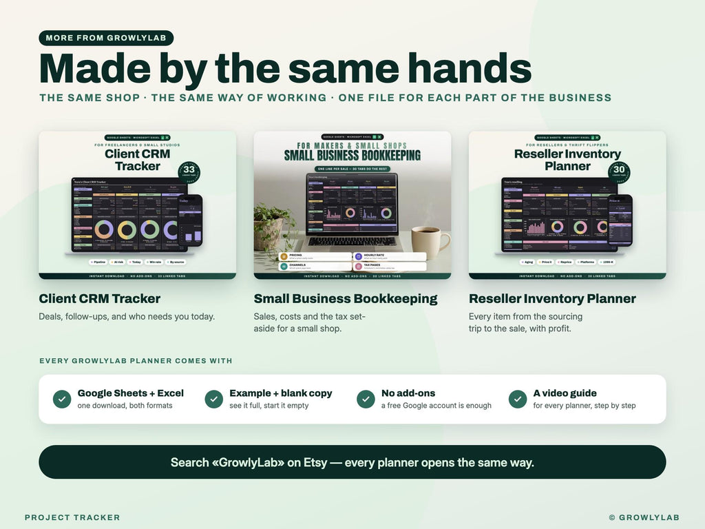 Project Tracker Spreadsheet for Google Sheets and Excel — more from GrowlyLab