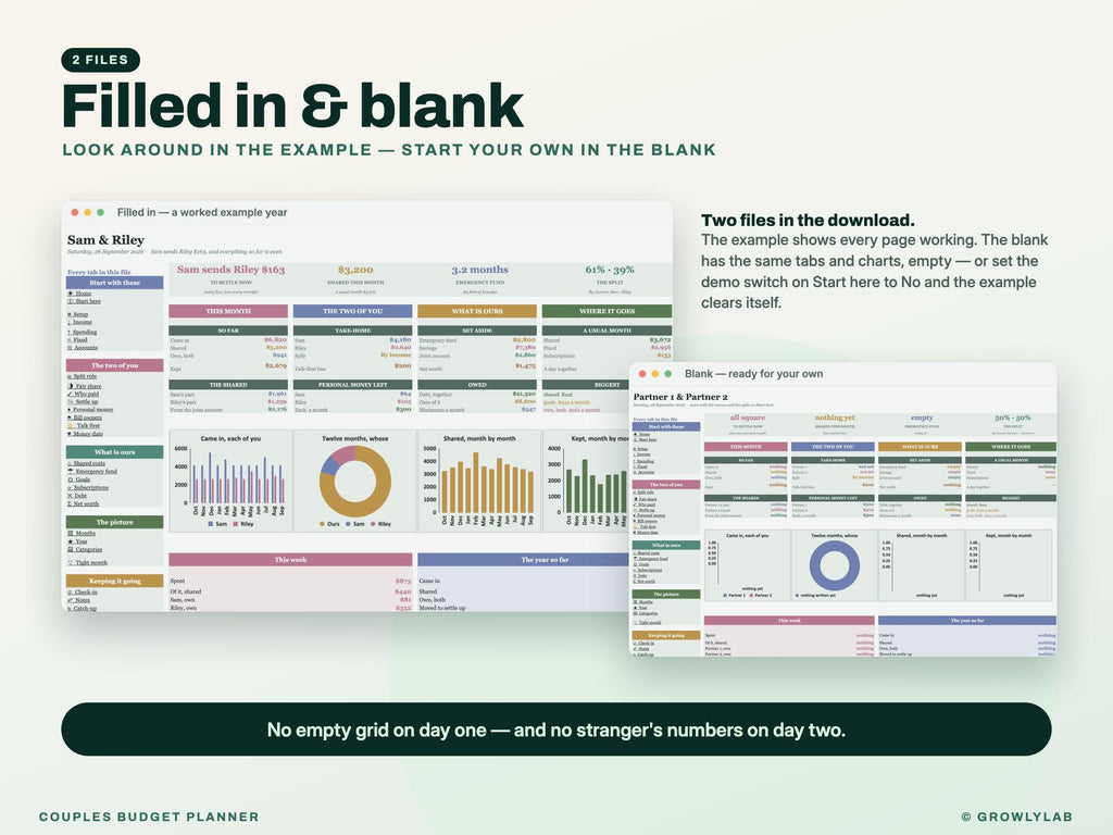 Couples Budget Planner Spreadsheet for Google Sheets and Excel — filled in and blank