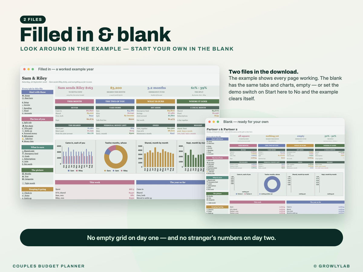 Couples Budget Planner Spreadsheet for Google Sheets and Excel — filled in and blank