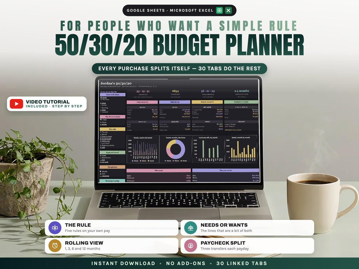 50/30/20 Budget Planner Spreadsheet for Google Sheets and Excel — cover