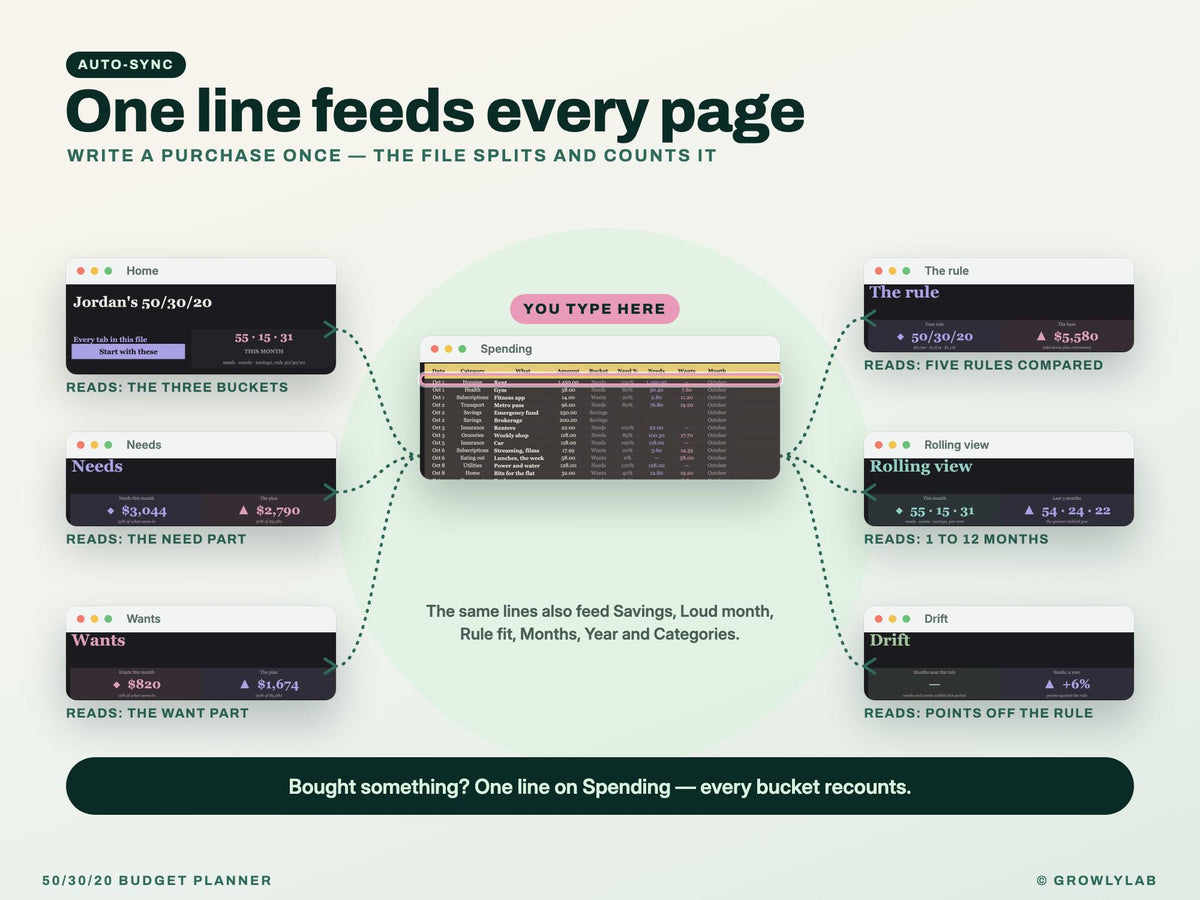50/30/20 Budget Planner Spreadsheet for Google Sheets and Excel — one line feeds every page
