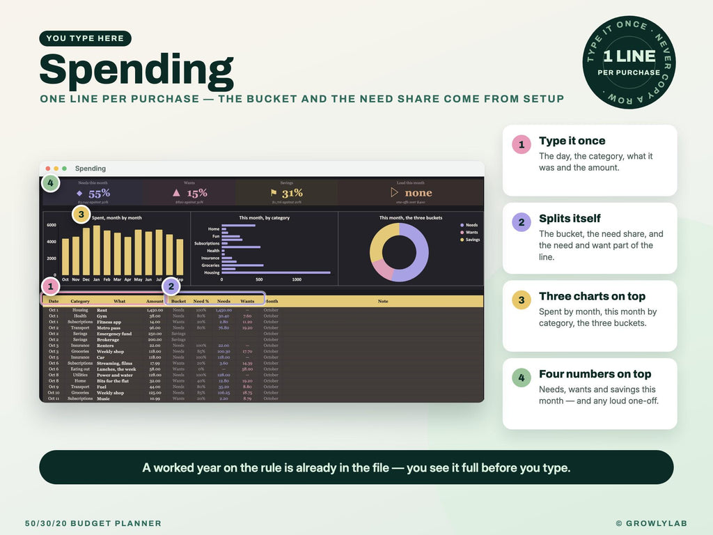 50/30/20 Budget Planner Spreadsheet for Google Sheets and Excel — where you type