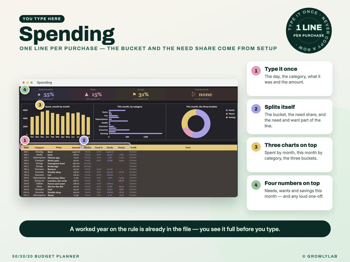 50/30/20 Budget Planner Spreadsheet for Google Sheets and Excel — where you type