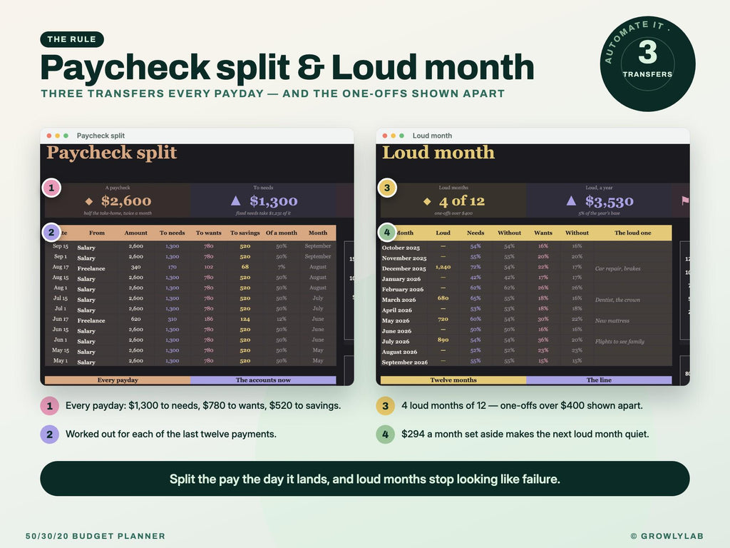 50/30/20 Budget Planner Spreadsheet for Google Sheets and Excel — paycheck loud