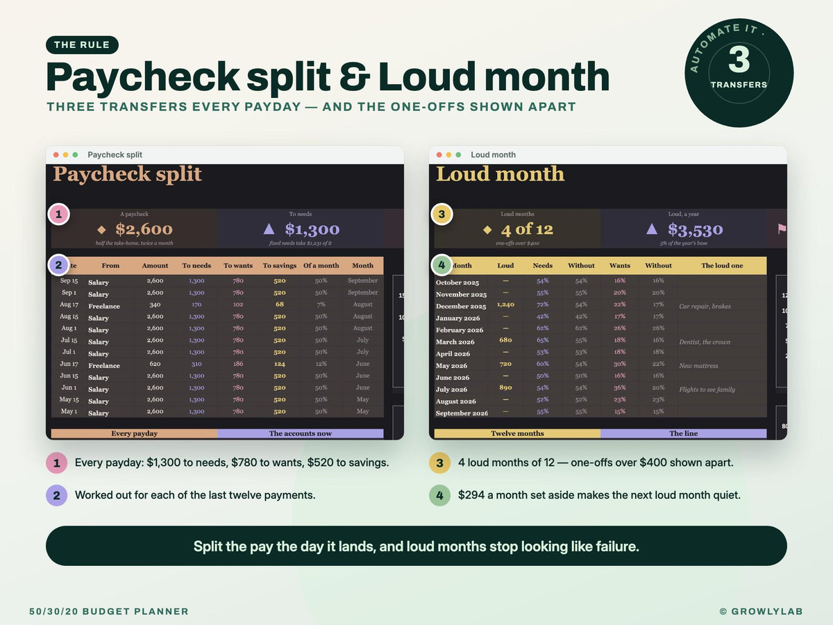 50/30/20 Budget Planner Spreadsheet for Google Sheets and Excel — paycheck loud