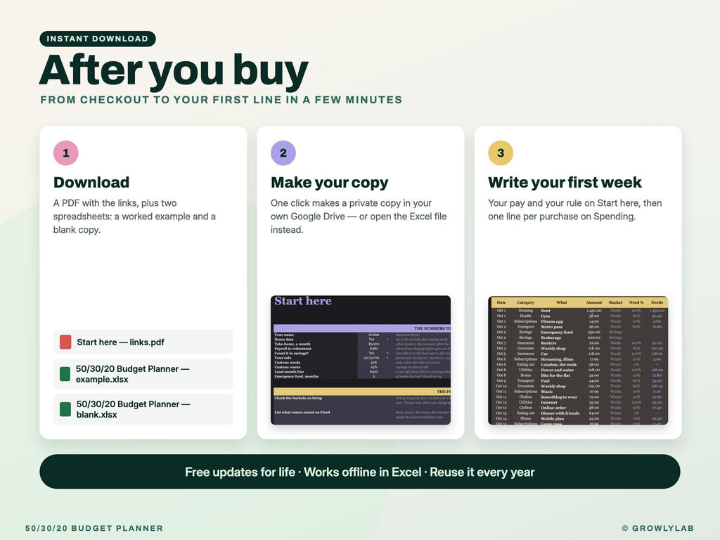 50/30/20 Budget Planner Spreadsheet for Google Sheets and Excel — after you buy