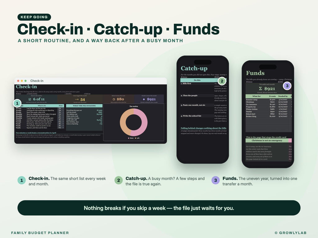 Family Budget Planner Spreadsheet for Google Sheets and Excel — check-in and catch-up