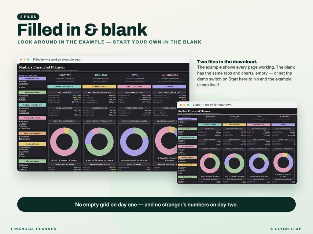 Financial Planner Spreadsheet for Google Sheets and Excel — filled in and blank