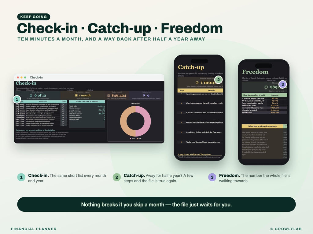 Financial Planner Spreadsheet for Google Sheets and Excel — check-in and catch-up