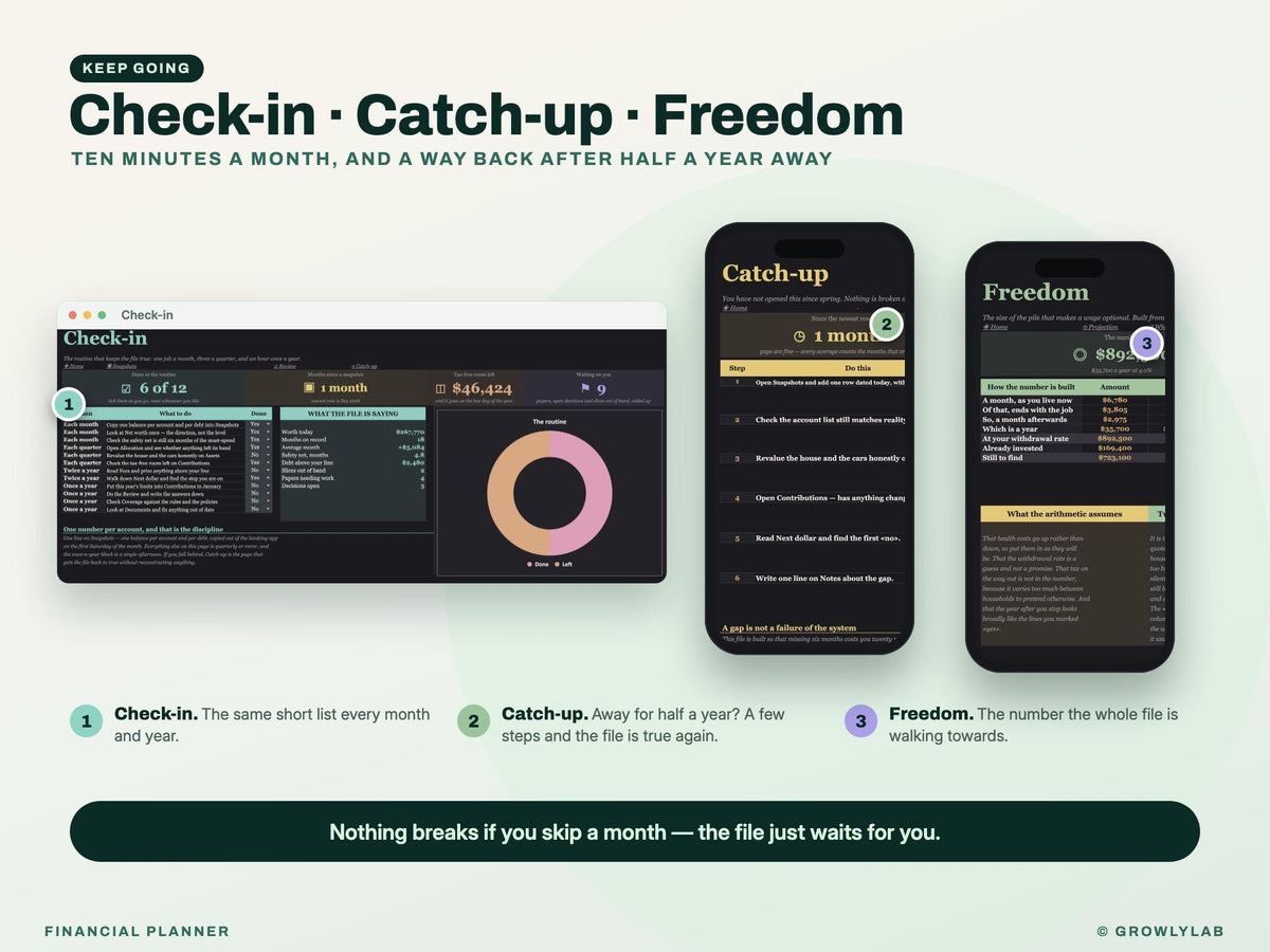 Financial Planner Spreadsheet for Google Sheets and Excel — check-in and catch-up