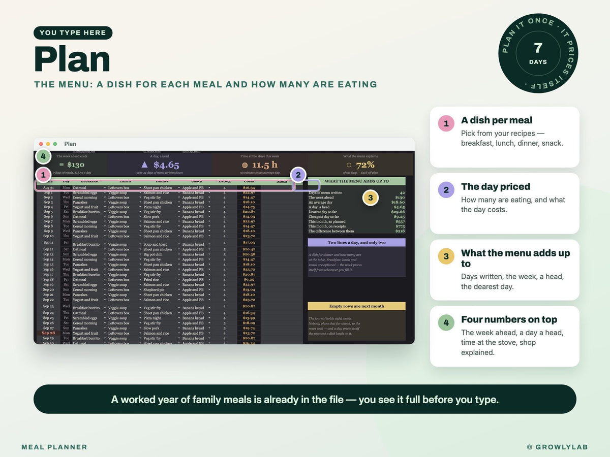 Meal Planner Spreadsheet for Google Sheets and Excel — where you type