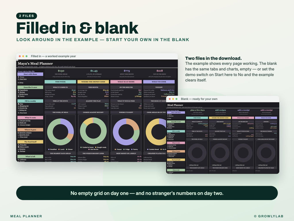 Meal Planner Spreadsheet for Google Sheets and Excel — filled in and blank