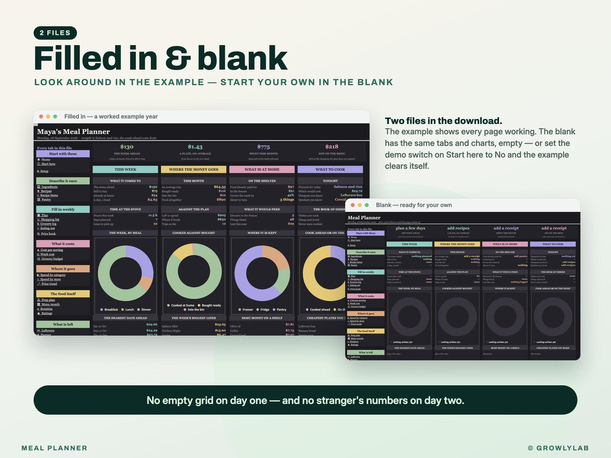 Meal Planner Spreadsheet for Google Sheets and Excel — filled in and blank