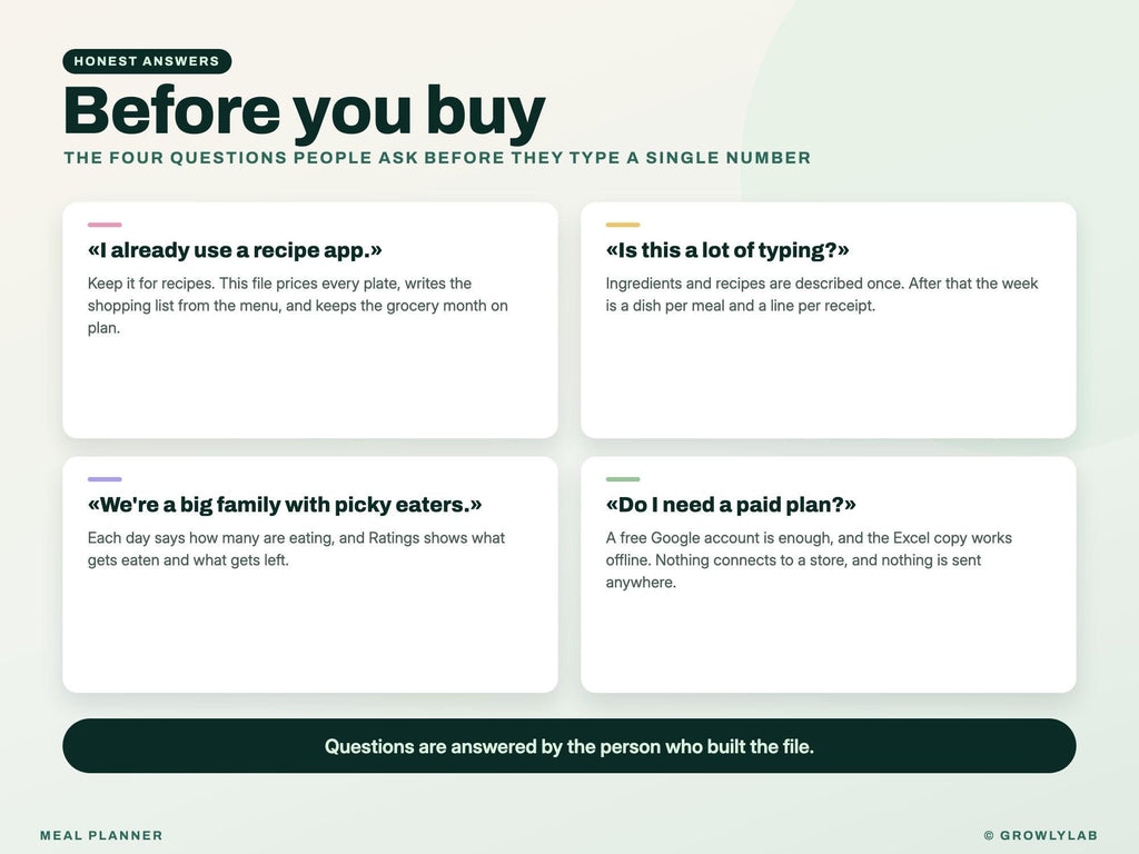 Meal Planner Spreadsheet for Google Sheets and Excel — before you buy