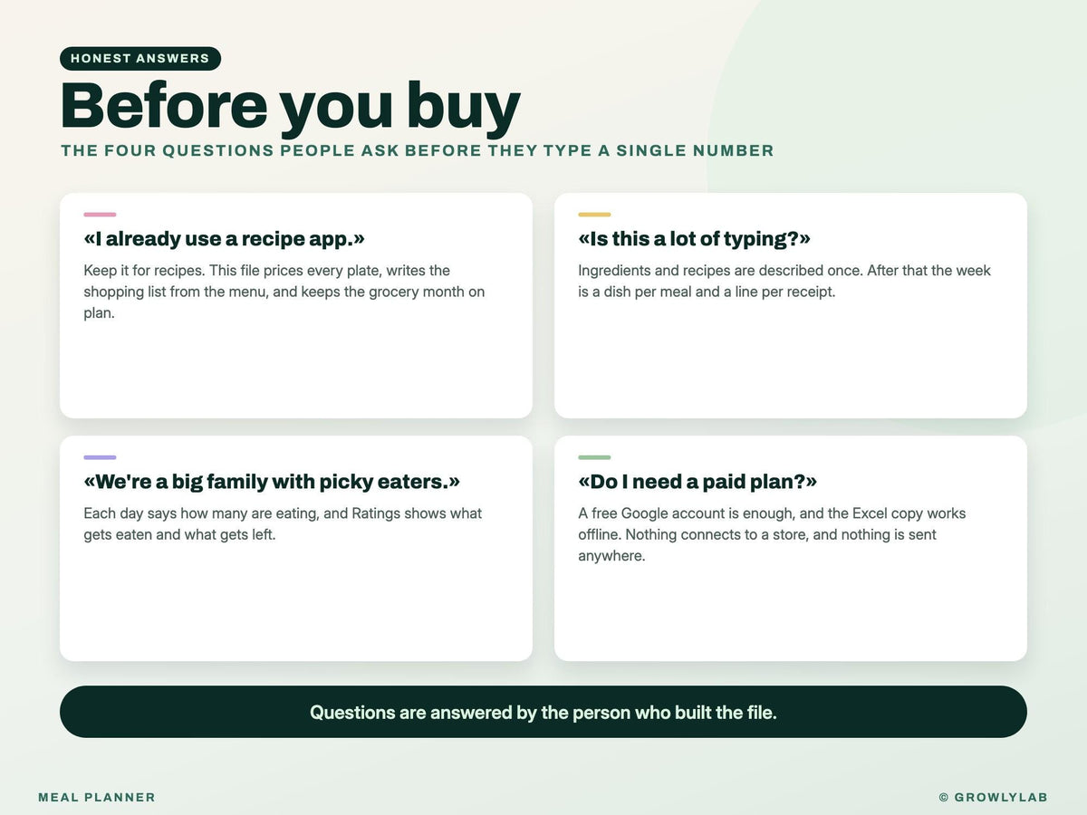 Meal Planner Spreadsheet for Google Sheets and Excel — before you buy