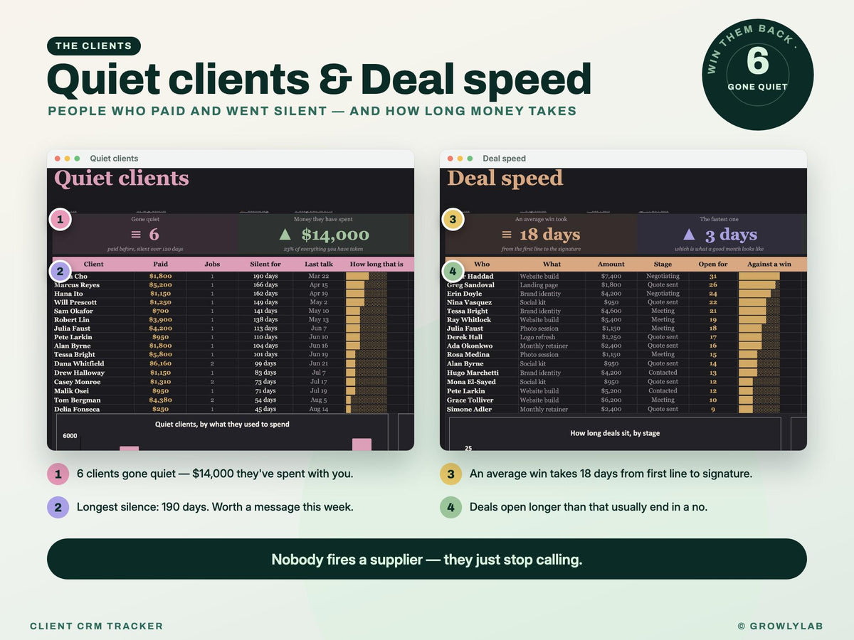 CRM Spreadsheet, Client and Lead Tracker for Google Sheets and Excel — quiet speed