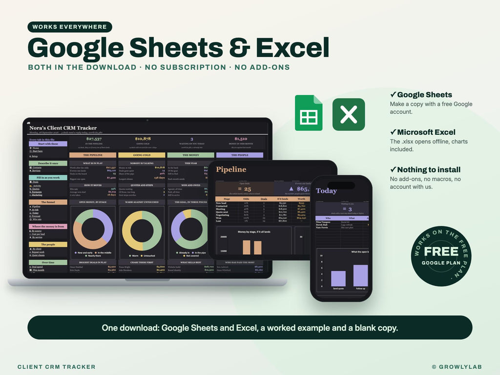 CRM Spreadsheet, Client and Lead Tracker for Google Sheets and Excel — Google Sheets and Excel