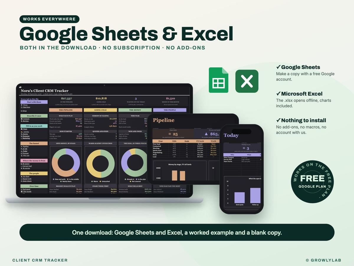 CRM Spreadsheet, Client and Lead Tracker for Google Sheets and Excel — Google Sheets and Excel