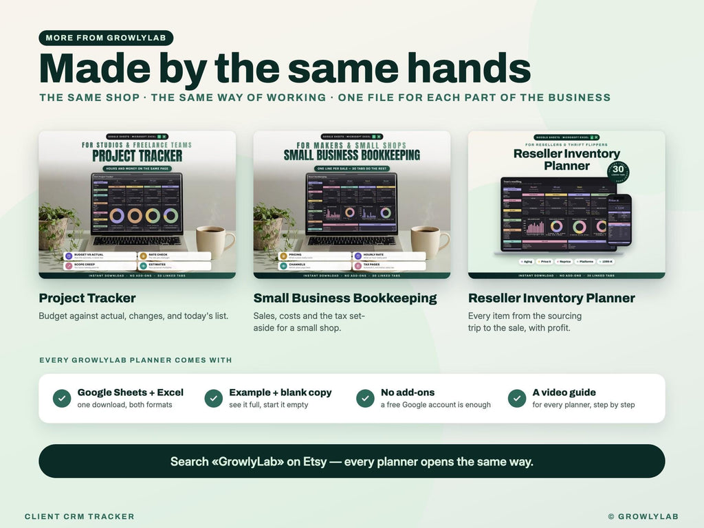 CRM Spreadsheet, Client and Lead Tracker for Google Sheets and Excel — more from GrowlyLab