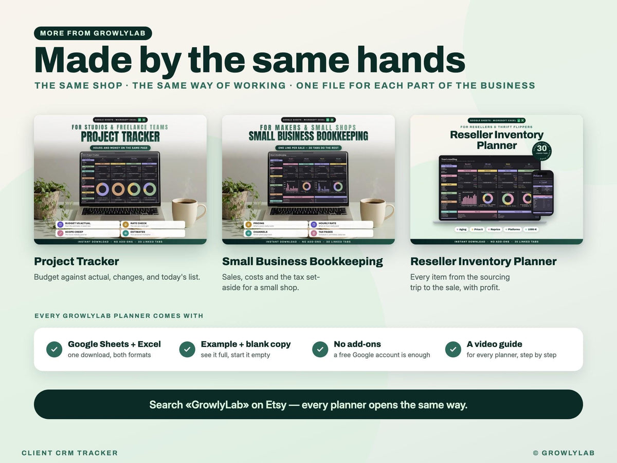 CRM Spreadsheet, Client and Lead Tracker for Google Sheets and Excel — more from GrowlyLab