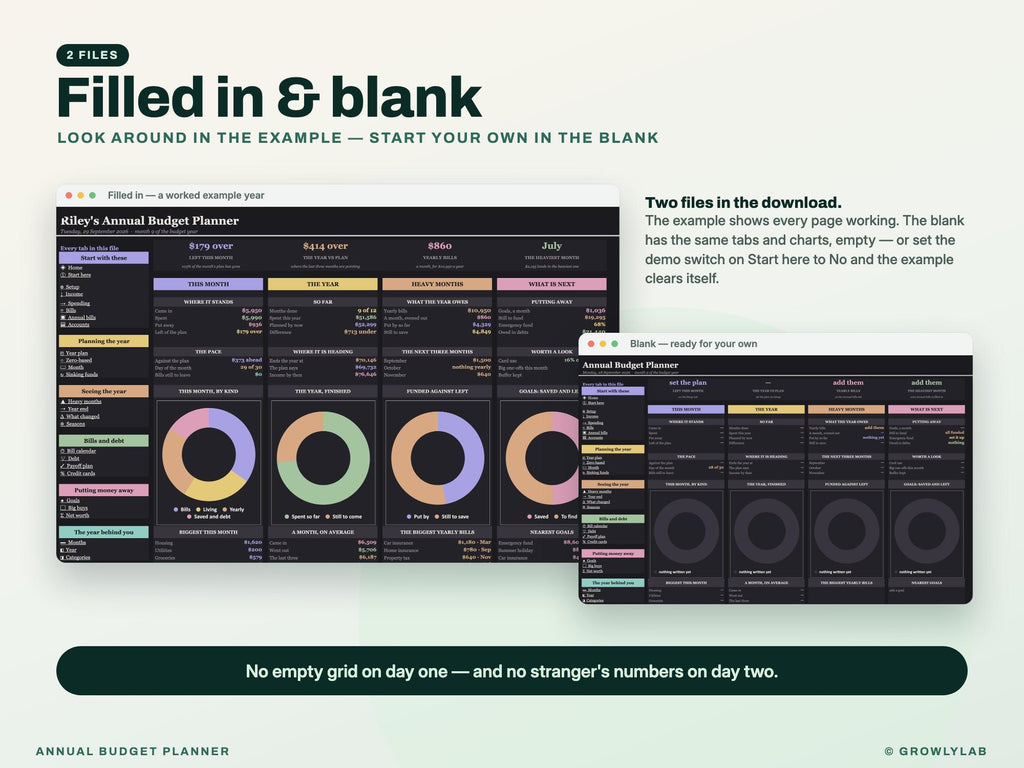 Annual Budget Planner Spreadsheet for Google Sheets and Excel — filled in and blank