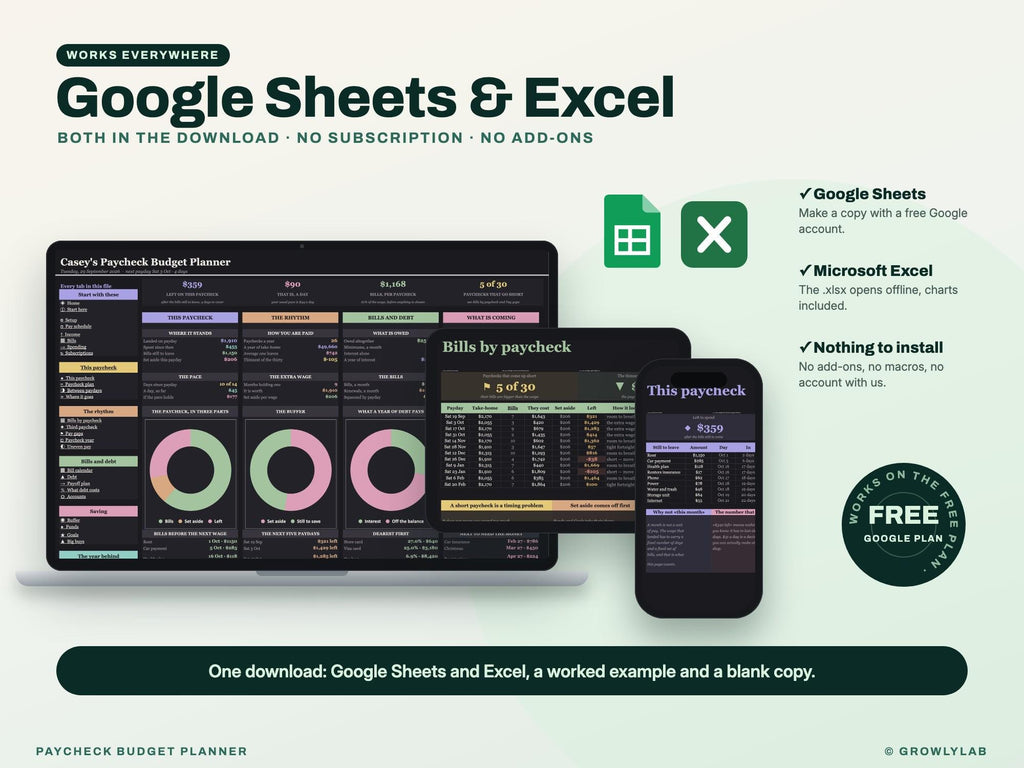 Paycheck Budget Planner Spreadsheet for Google Sheets and Excel — Google Sheets and Excel