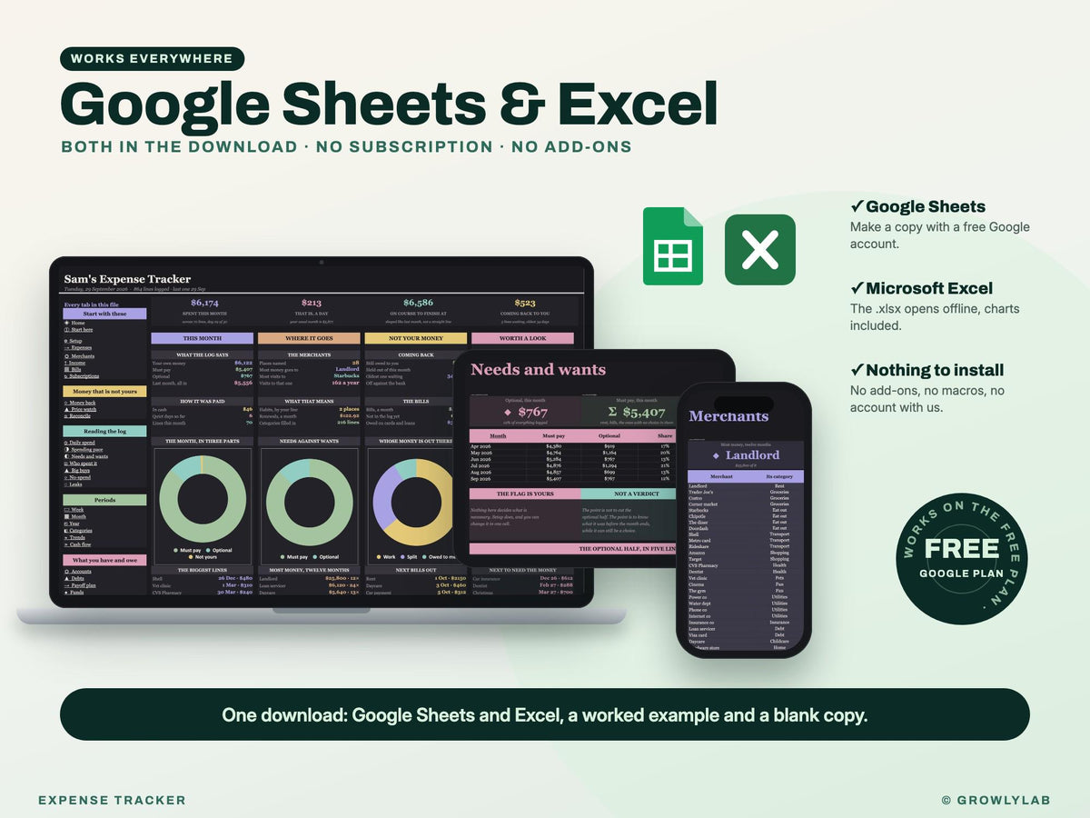 Expense Tracker Spreadsheet for Google Sheets and Excel — Google Sheets and Excel