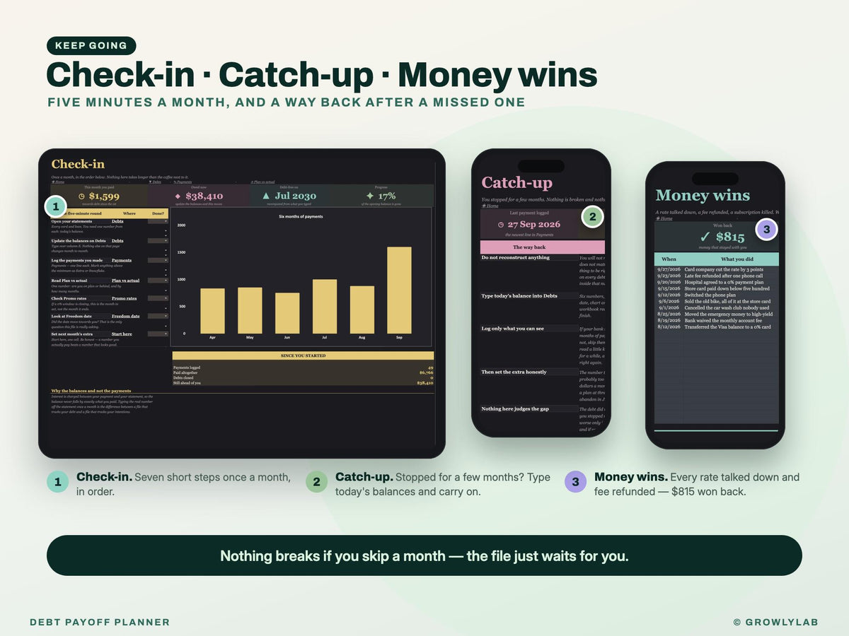 Debt Payoff Planner Spreadsheet for Google Sheets and Excel — check-in and catch-up