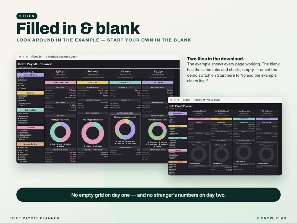 Debt Payoff Planner Spreadsheet for Google Sheets and Excel — filled in and blank