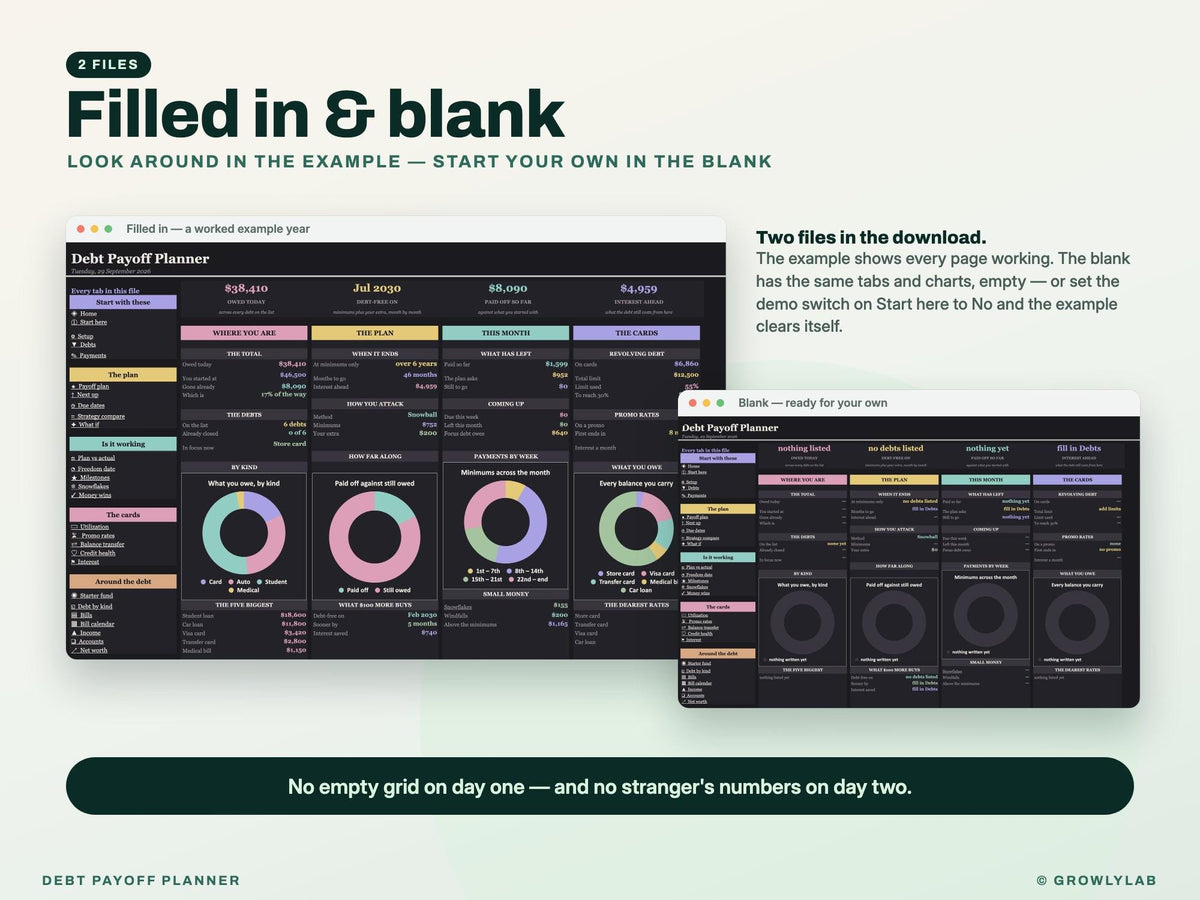 Debt Payoff Planner Spreadsheet for Google Sheets and Excel — filled in and blank