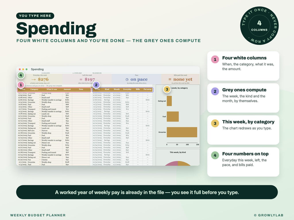 Weekly Budget Planner Spreadsheet for Google Sheets and Excel — where you type
