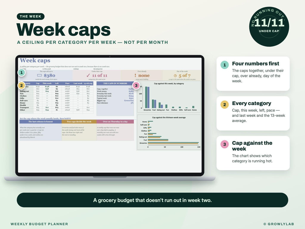 Weekly Budget Planner Spreadsheet for Google Sheets and Excel — week caps