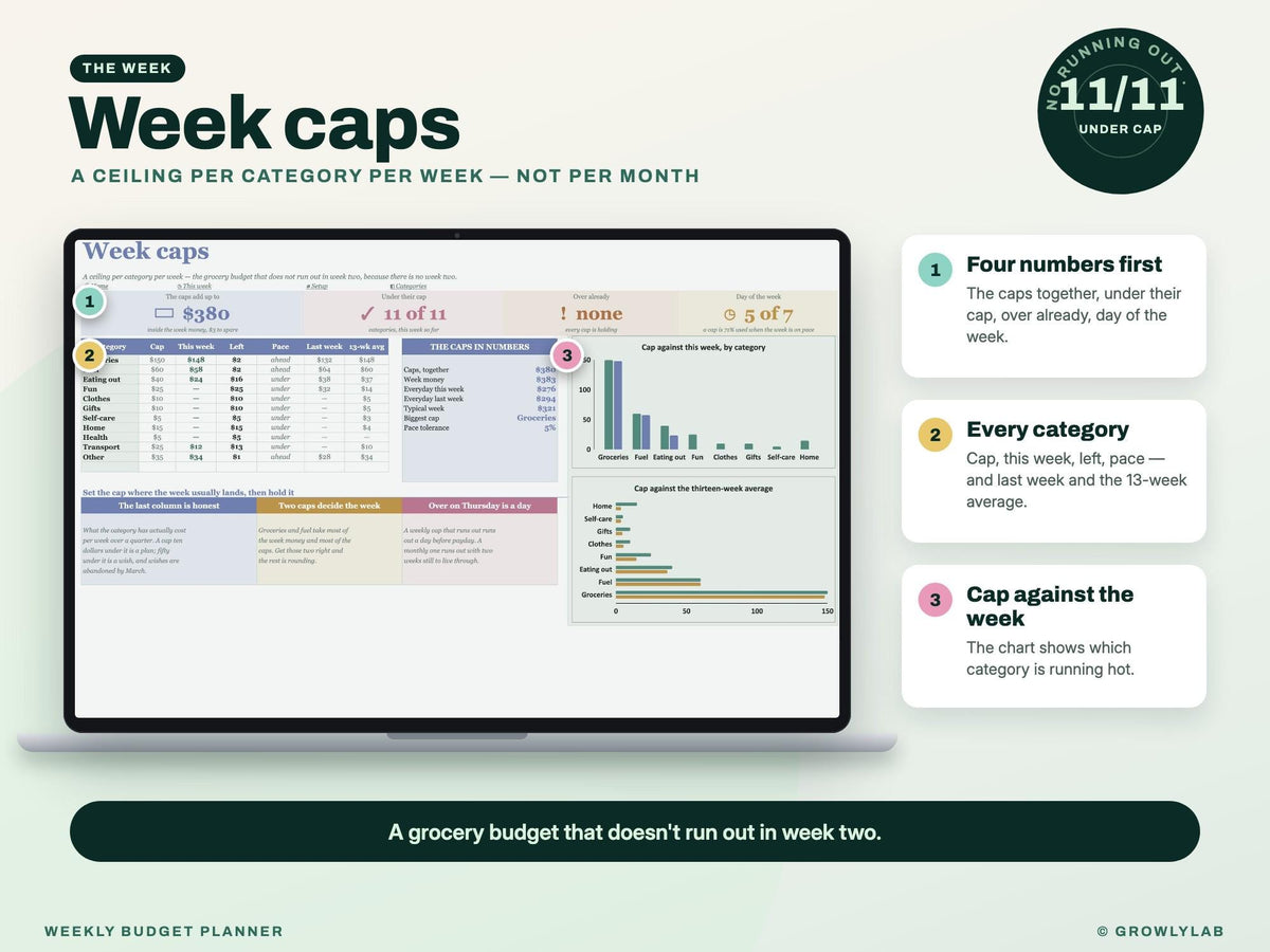 Weekly Budget Planner Spreadsheet for Google Sheets and Excel — week caps