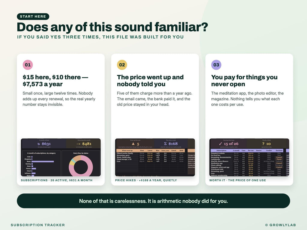 Subscription Tracker Spreadsheet for Google Sheets and Excel — the problems it solves