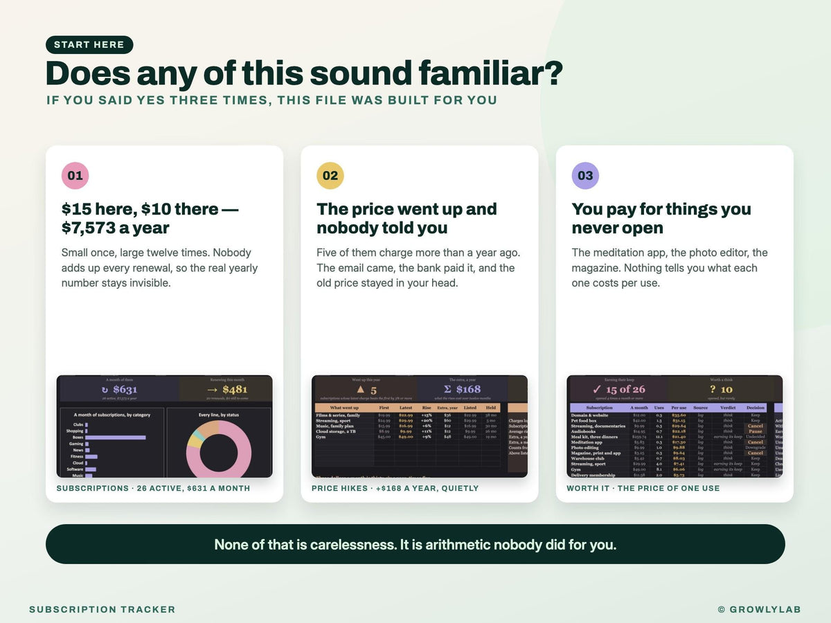 Subscription Tracker Spreadsheet for Google Sheets and Excel — the problems it solves