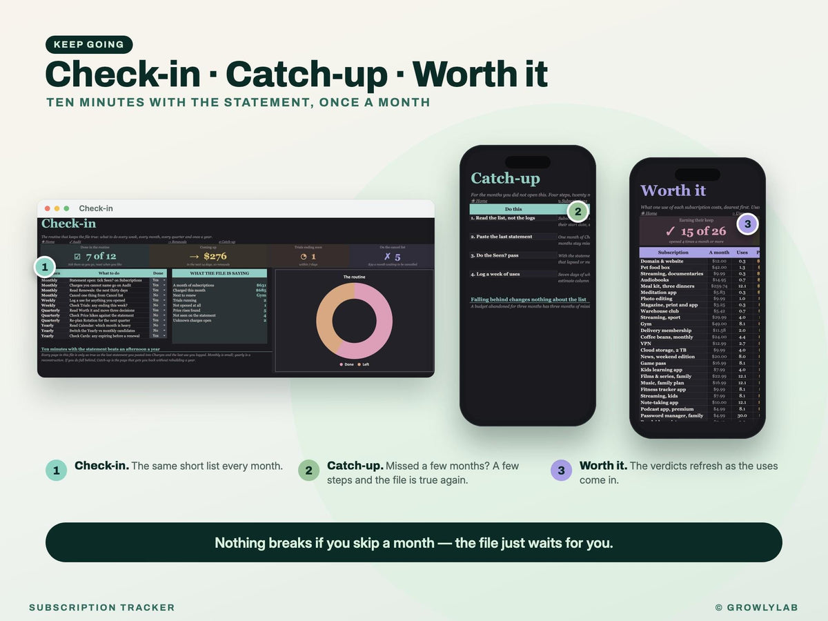 Subscription Tracker Spreadsheet for Google Sheets and Excel — check-in and catch-up