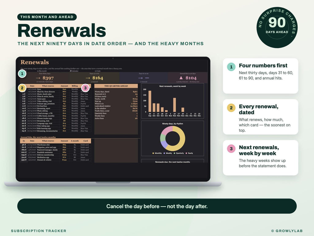 Subscription Tracker Spreadsheet for Google Sheets and Excel — renewals