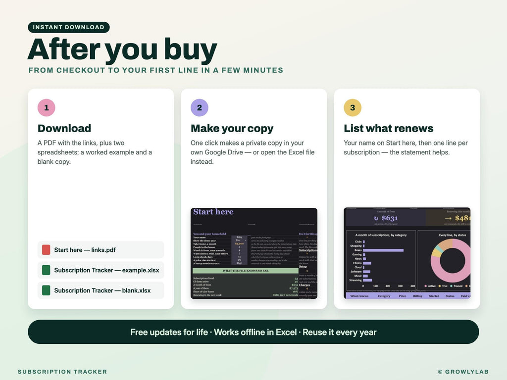 Subscription Tracker Spreadsheet for Google Sheets and Excel — after you buy