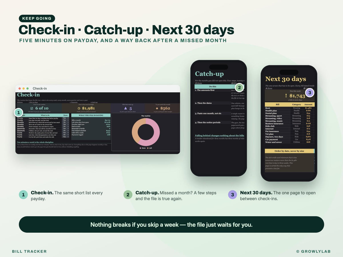 Bill Tracker Spreadsheet for Google Sheets and Excel — check-in and catch-up