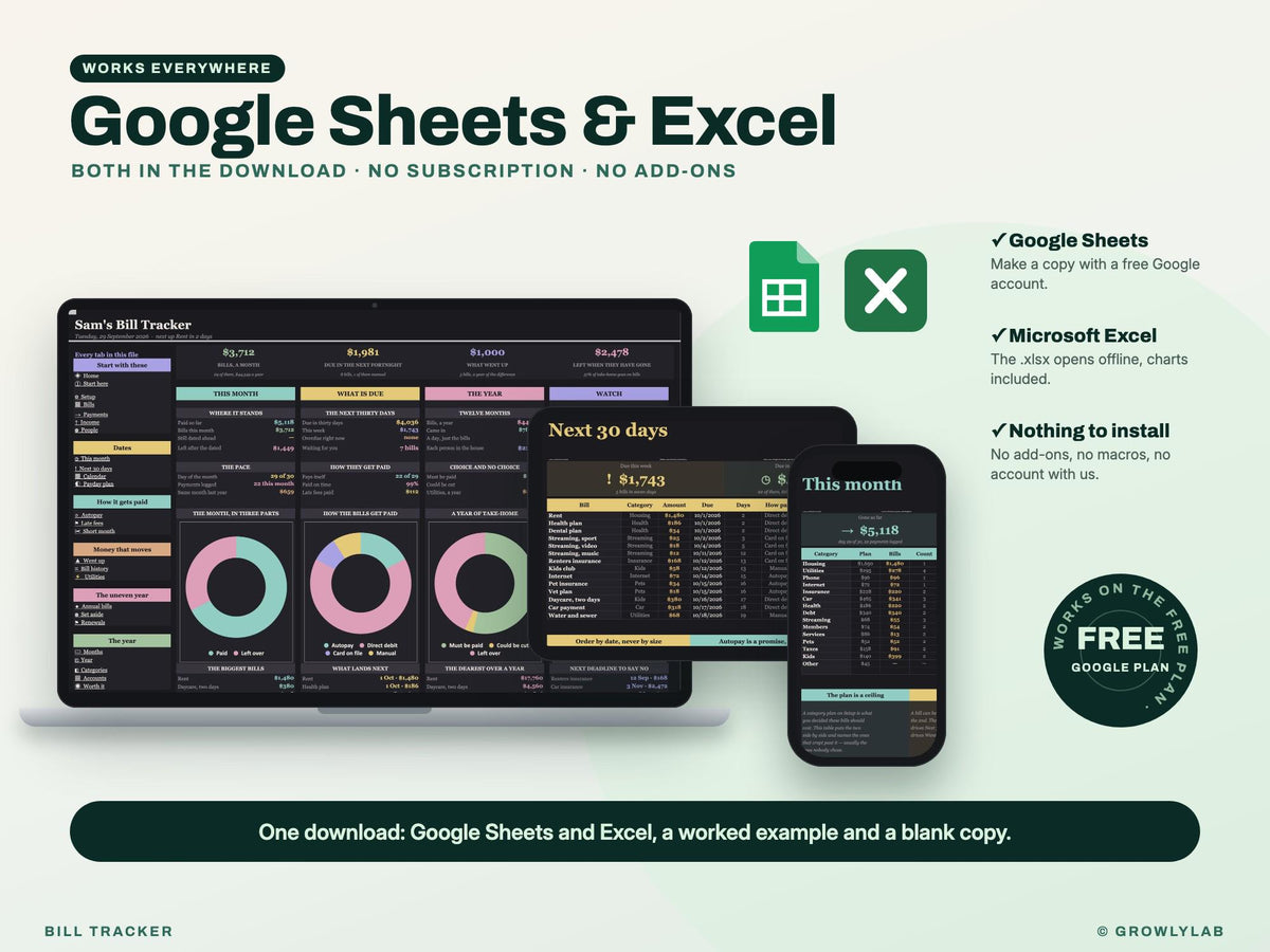 Bill Tracker Spreadsheet for Google Sheets and Excel — Google Sheets and Excel