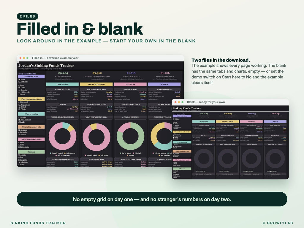 Sinking Funds Tracker Spreadsheet for Google Sheets and Excel — filled in and blank