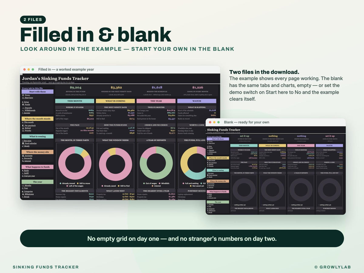 Sinking Funds Tracker Spreadsheet for Google Sheets and Excel — filled in and blank