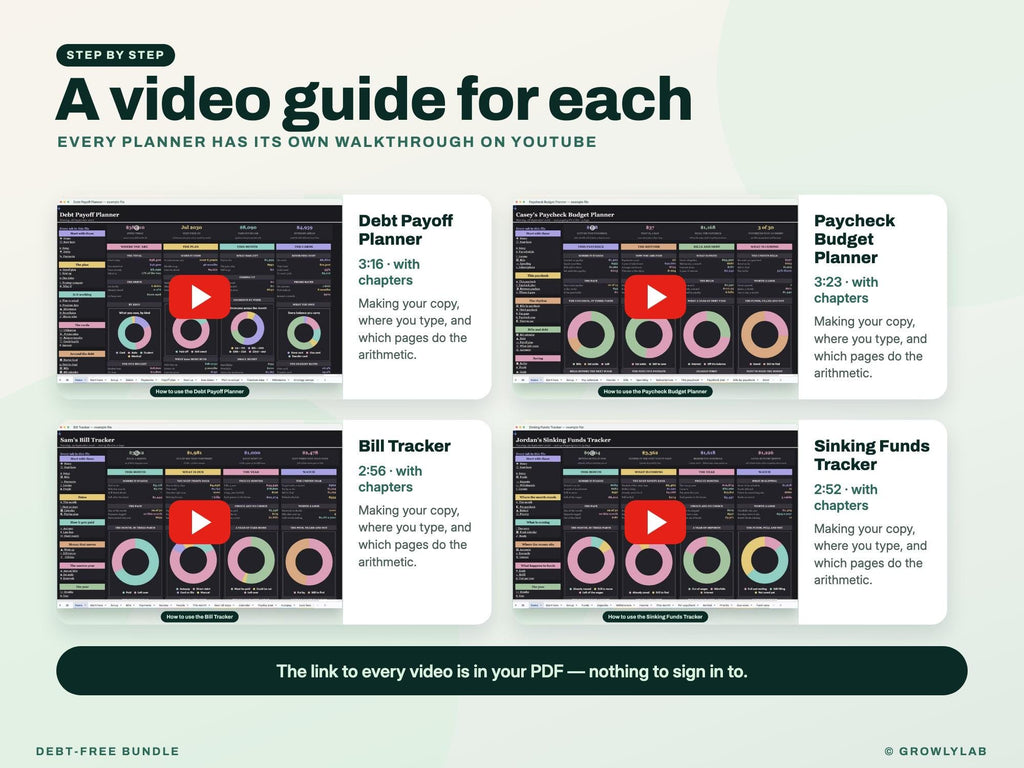 Debt-Free Bundle: Debt Payoff, Paycheck Budget, Bill Tracker and Sinking Funds Spreadsheets — video guides